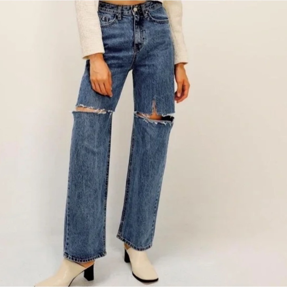 Storets Women M Dark Wash High Rise Loose Baggy Straight Amia Ripped Slash Jeans